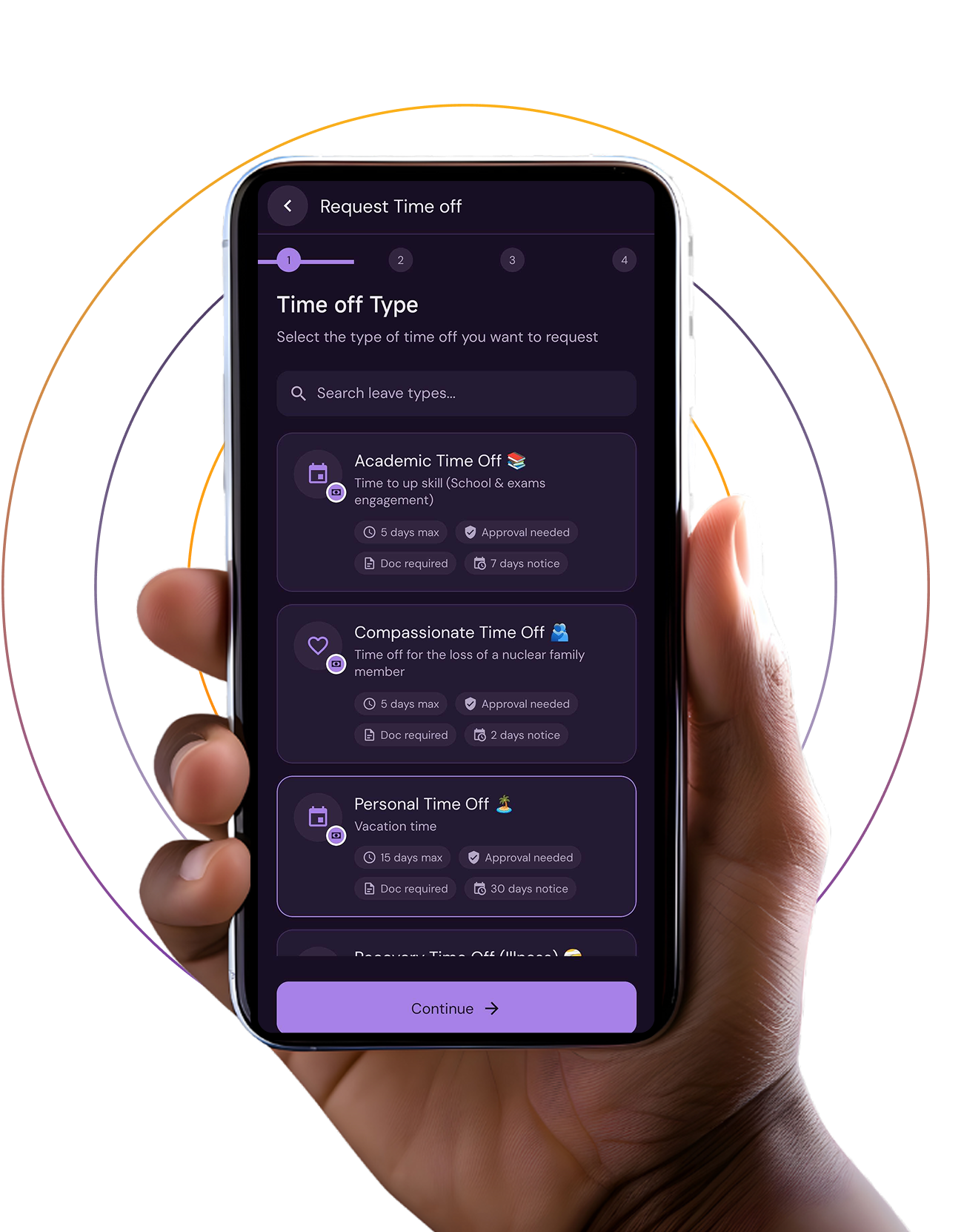 Hand holding phone with automated leave management app showing leave requests and approvals