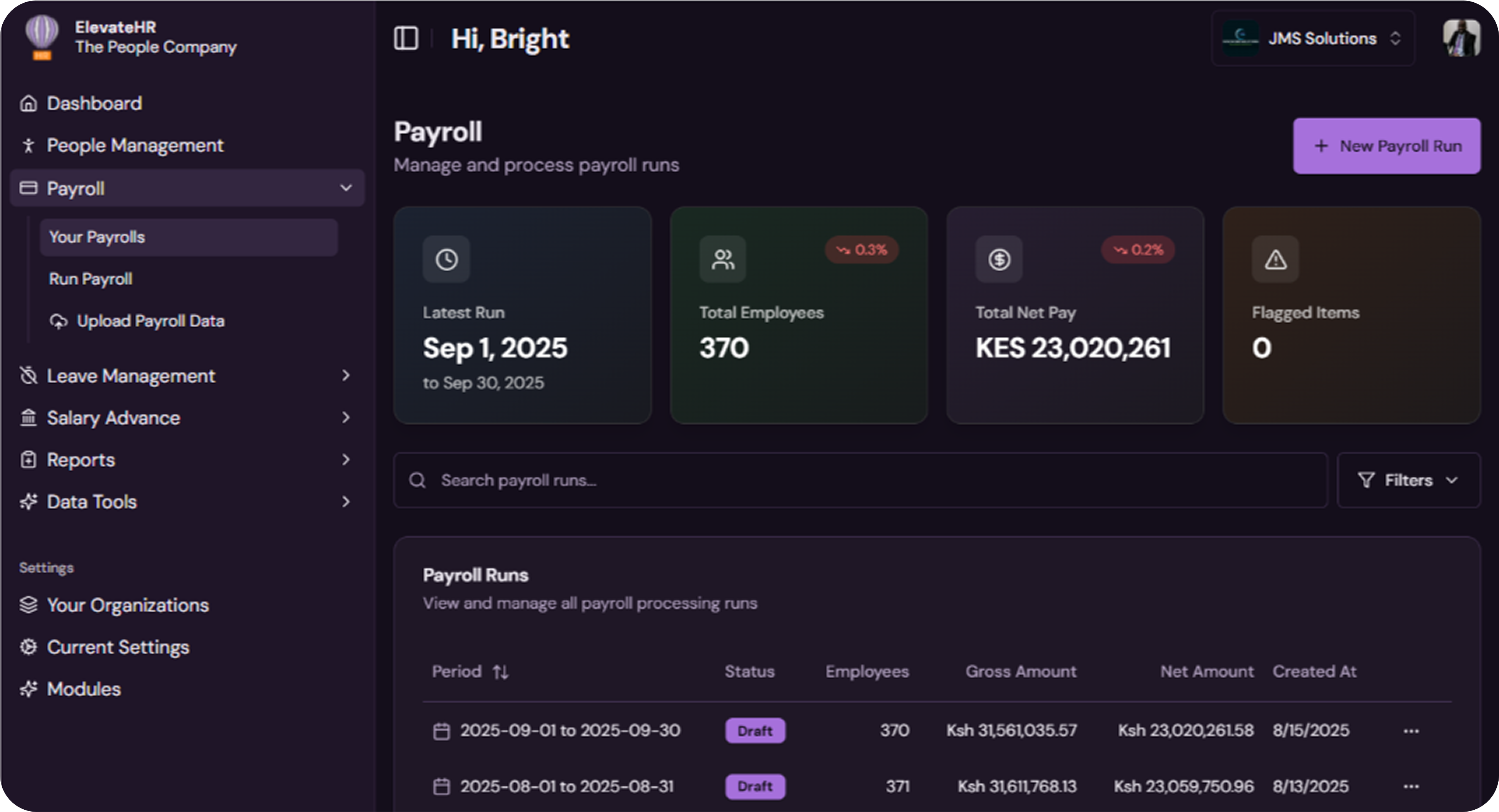 Payroll platform dashboard showing employee management, payroll runs, and compliance features